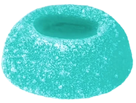 A single dome-shaped turquoise candy, resembling a gummy bear or soft gummy candy with a textured, sugar-coated exterior and a hollow center, isolated on a white background.