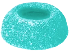 A single dome-shaped turquoise candy, resembling a gummy bear or soft gummy candy with a textured, sugar-coated exterior and a hollow center, isolated on a white background.