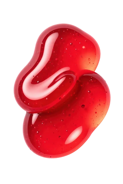 Two glossy red translucent gel beads with fine white specks, isolated on a solid white background.
