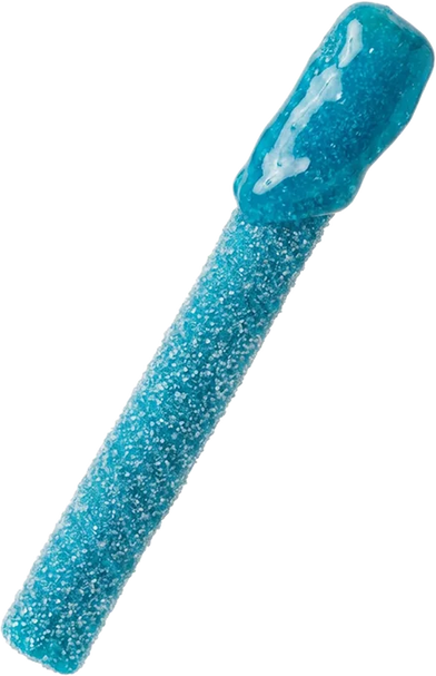 A single blue candy stick coated in white sugar crystals, shown diagonally on a plain white background.