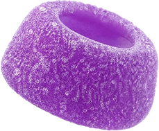 A single purple, dome-shaped candy with a textured, sugar-dusted exterior and a hollow center, isolated on a white background.
